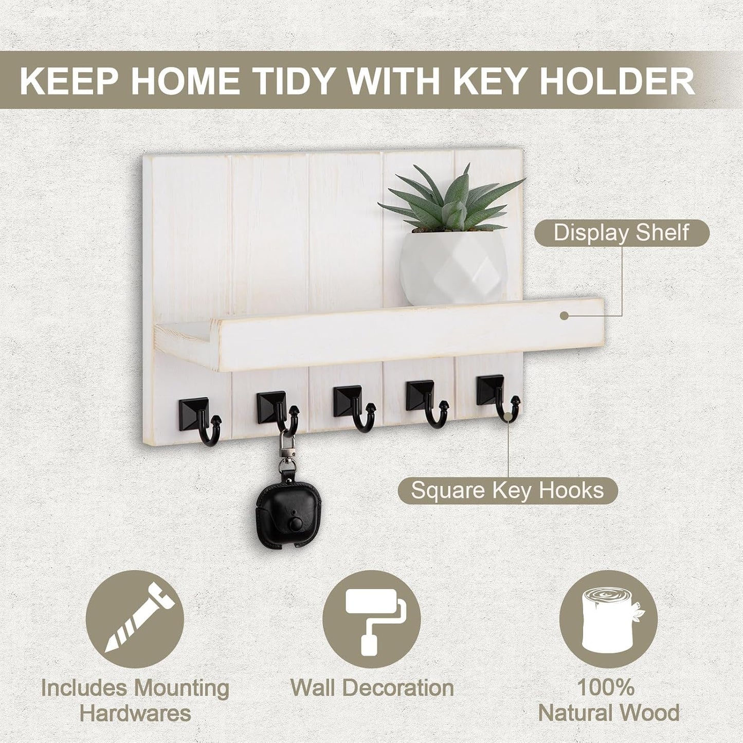 Key Holder for Wall, Decorative Key Holder with Shelf | Key and Mail Holder Wall Mount, Farmhouse Decor with 5 Key Hooks for Keys, Coats, ect.