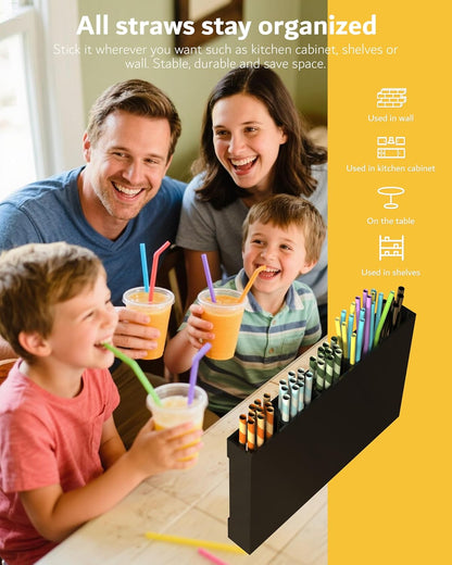 Upgraded 9.5'' Large Acrylic Straw Holder for Cabinet Door, Adjustable Space-Saving Straw Organizer Storage Dispenser for Cabinet with Ultra Sticky Adhesive Strips, 2-Part Rack, Drainage Holes