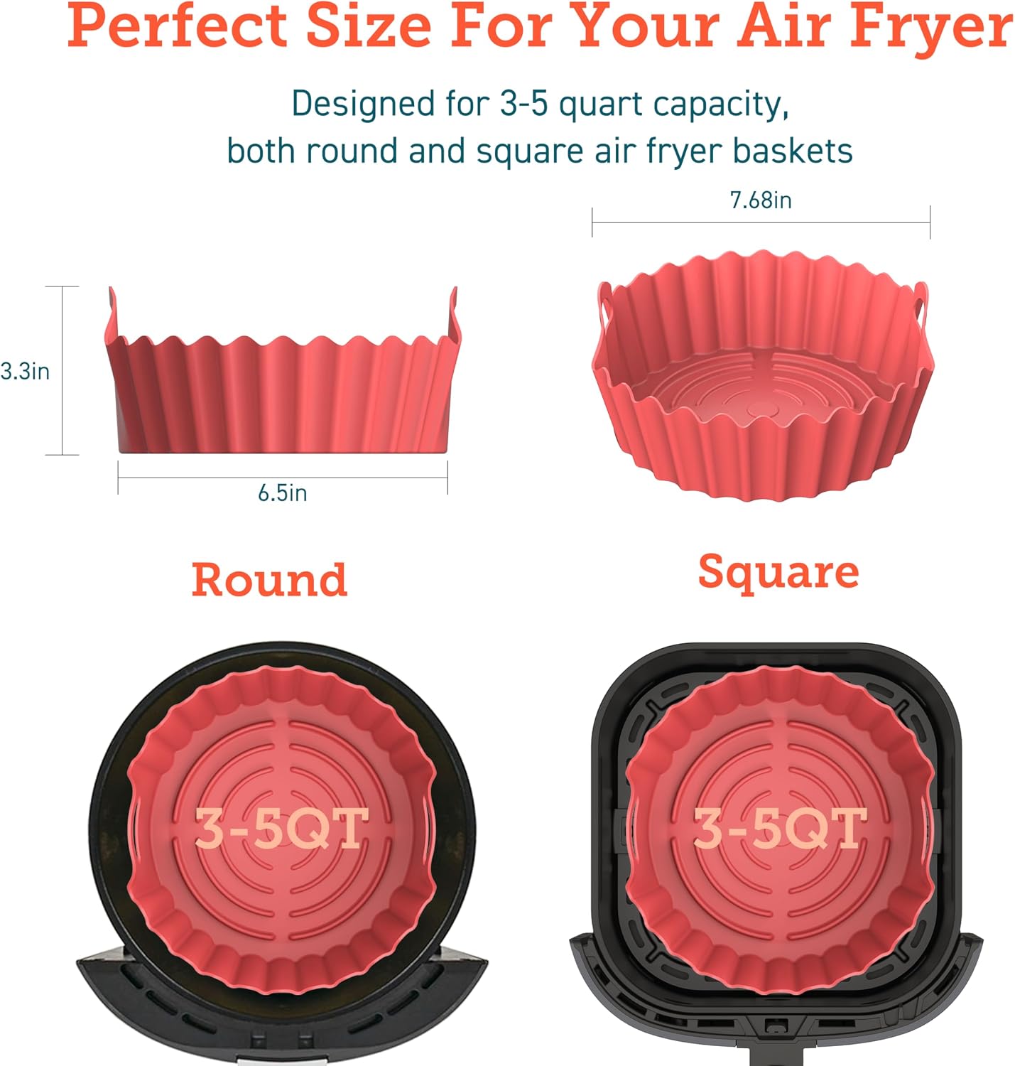 Cosori Air Fryer Silicone Liners for 3-5 Qt, Foldable 7.6 Inch Reusable Basket, Certified Food Grade Accessories, Resistant up to 450°F, Thickened & Durable, Non-stick Dishwasher Safe, Gloves, 2 Pcs