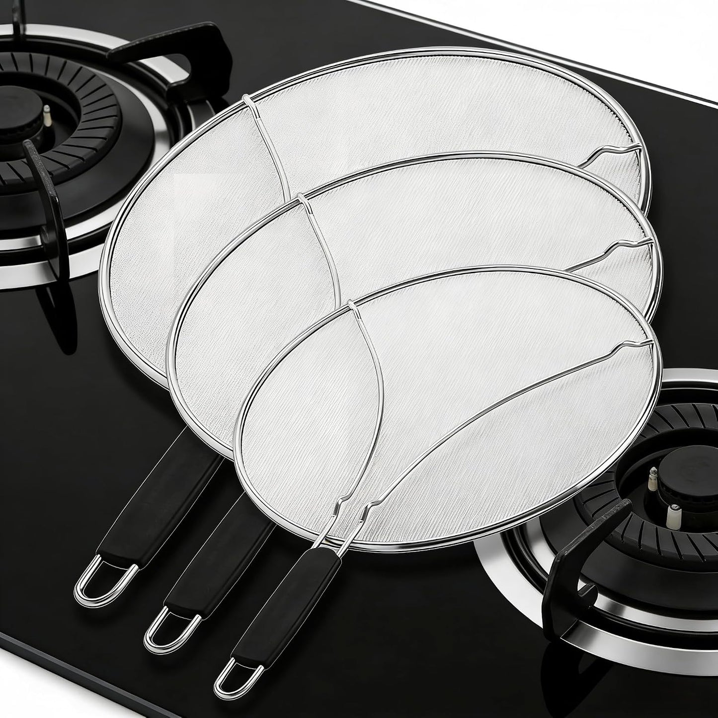 Stainless Steel Splatter Guard Fine Mesh For Pots Frying Pans(15in) | Rust-proof metal mesh blocks oil splashes while venting steam, heat-insulated grip, dishwasher safe, hangable flat storage