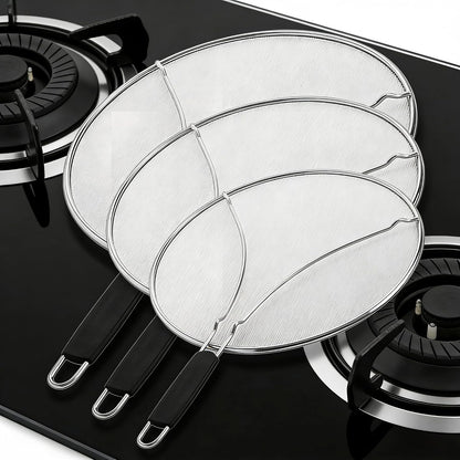 Stainless Steel Splatter Guard Fine Mesh For Pots Frying Pans(15in) | Rust-proof metal mesh blocks oil splashes while venting steam, heat-insulated grip, dishwasher safe, hangable flat storage