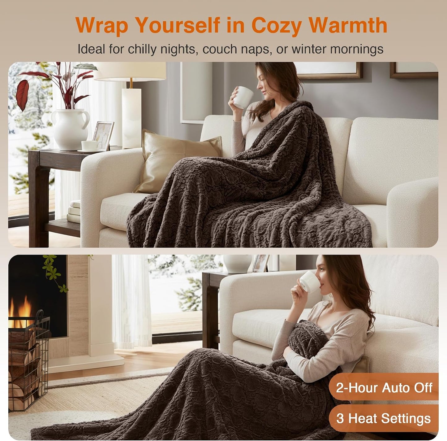 Beautyrest Long Brushed Faux Fur Ogee Textured Design Electric Blanket, Auto Shut Off, Virtually Zero EMF, Multi Heat Setting, UL Certified, Machine Washable, Grey Throw 50x60