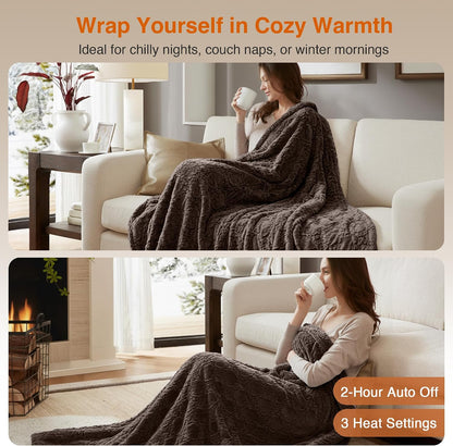 Beautyrest Long Brushed Faux Fur Ogee Textured Design Electric Blanket, Auto Shut Off, Virtually Zero EMF, Multi Heat Setting, UL Certified, Machine Washable, Grey Throw 50x60
