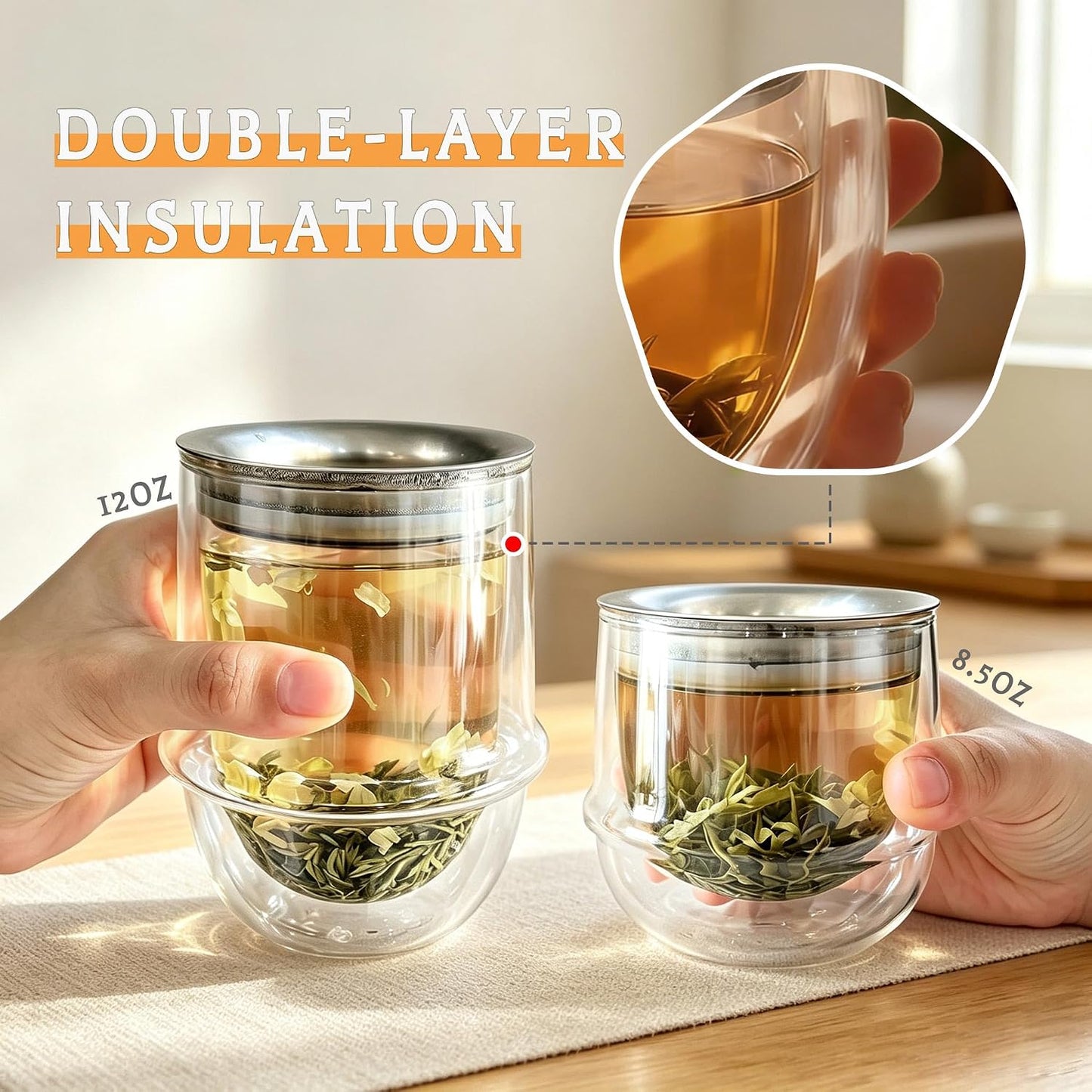 Double-Layer Insulation Glass Teapot with Infuser 12OZ | Tea Infuser Bottle for Loose Leaf Tea, Portable Tea Maker,Travel Tea Mug, Hot Tea Tumbler, Office & Home & camping