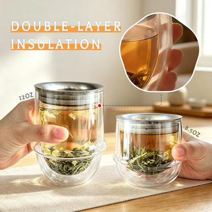 Double-Layer Insulation Glass Teapot with Infuser 12OZ | Tea Infuser Bottle for Loose Leaf Tea, Portable Tea Maker,Travel Tea Mug, Hot Tea Tumbler, Office & Home & camping