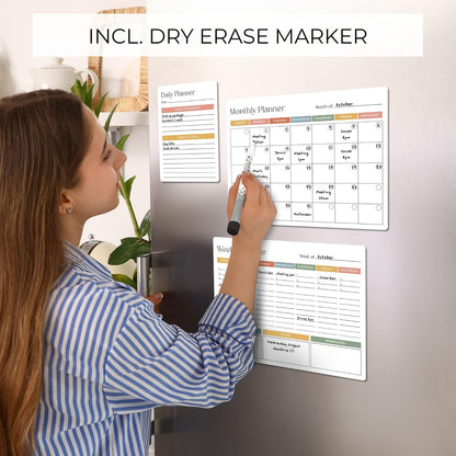 Beautiful Magnetic Dry Erase Calendar Set of 3 - Whiteboard with Marker | Easy to Erase Magnet Calendars for Your Fridge - The Perfect Weekly and Monthly White Board Organizer for Everyday Planning