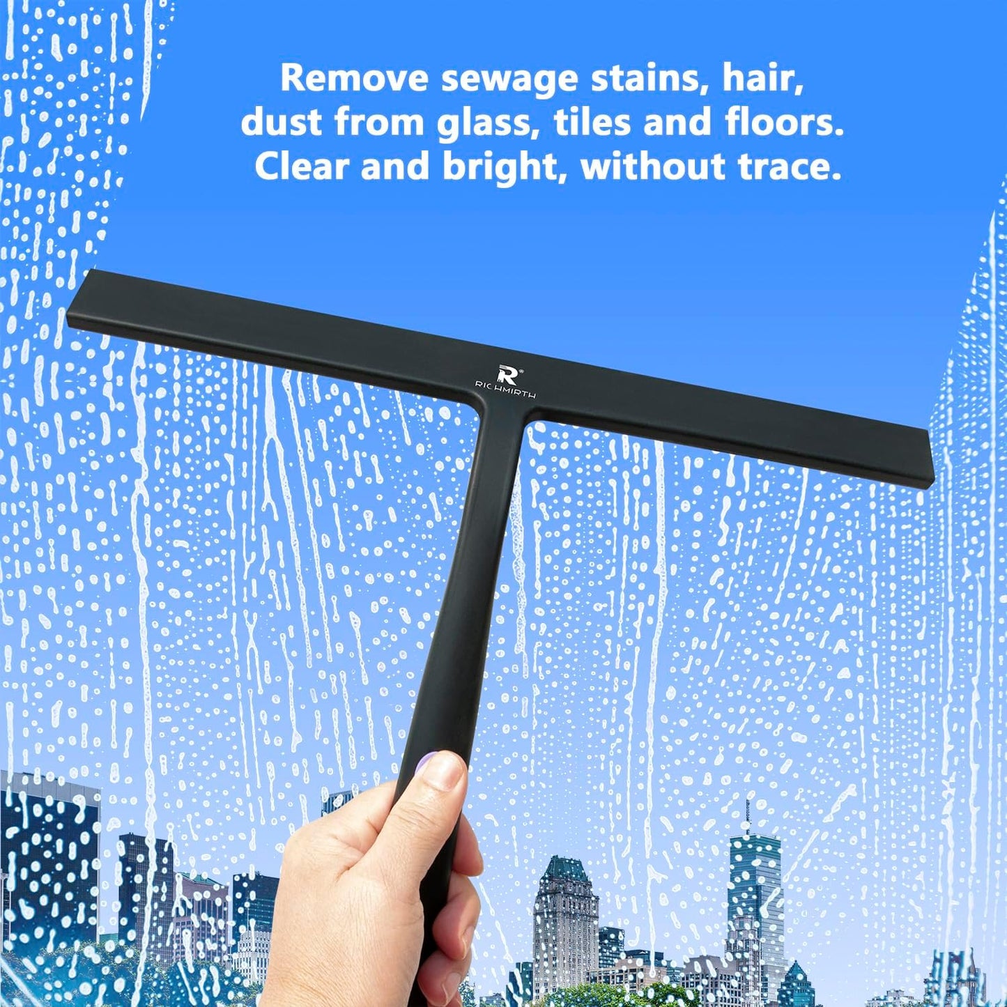 12 Inch Silicone Shower Squeegee for Glass Doors with Microfiber Cloth & Hook, Streak-Free Window Cleaner for Bathroom Mirror Tile Car, No-Scratch Squeegee with Rustproof Metal Core (Black)