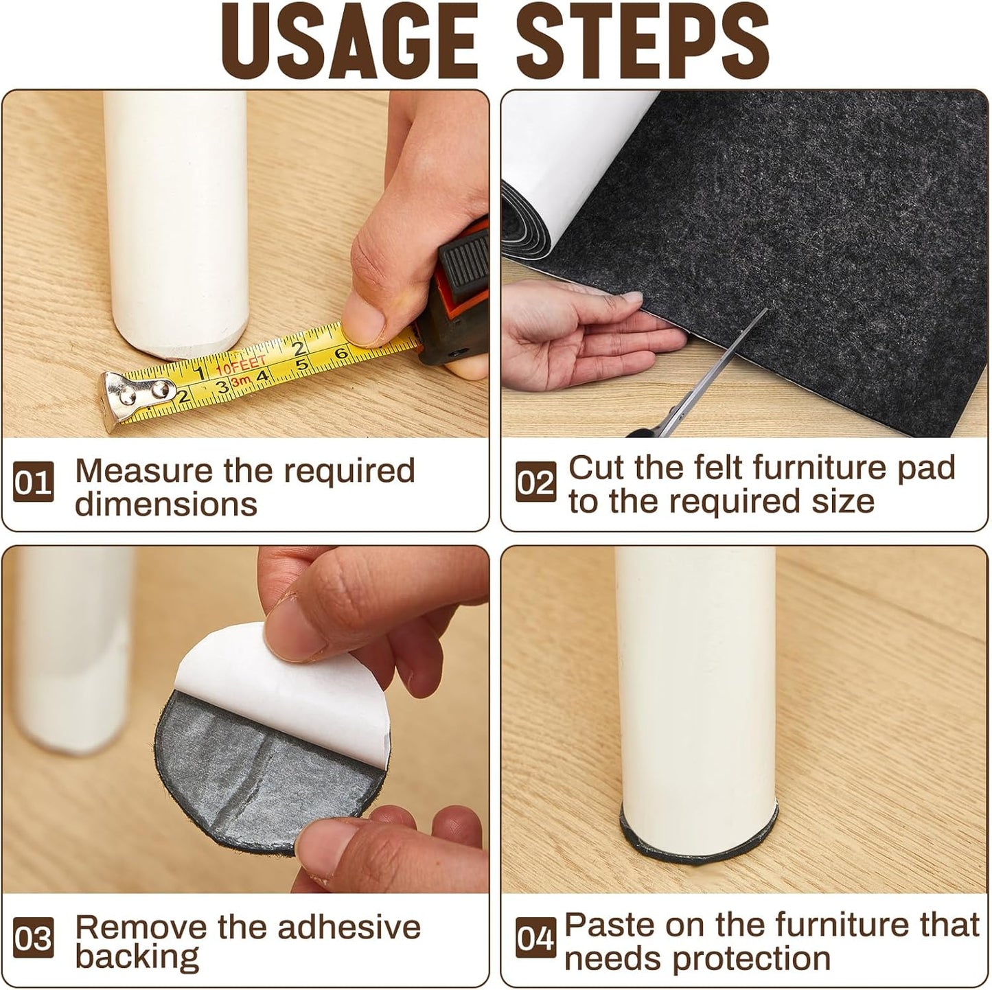 Fullhawl Large Felt Furniture Pads 8 x 60 Inch Non Slip Self Adhesive Heavy Duty Cuttable Strip Roll Felt Sheet Tape for Protecting Hardwood Floors Chair Wall, White