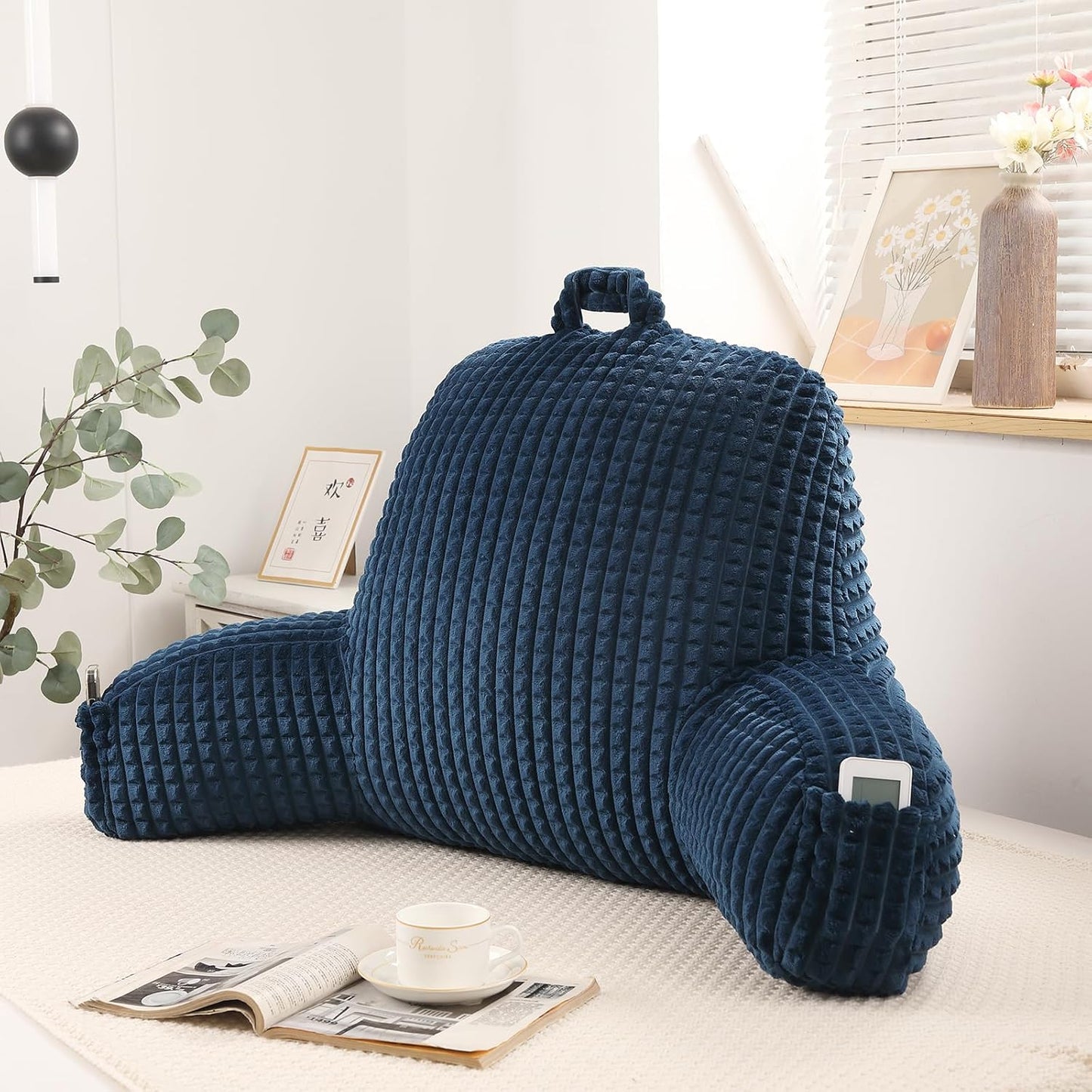 Reading Pillow with Arms for Sitting in Bed,Backrest,White Flannel,M | 17" Backrest Supports Back for College Students,Elbows & Forearms for Dorm Reading,Gaming,Watching TV