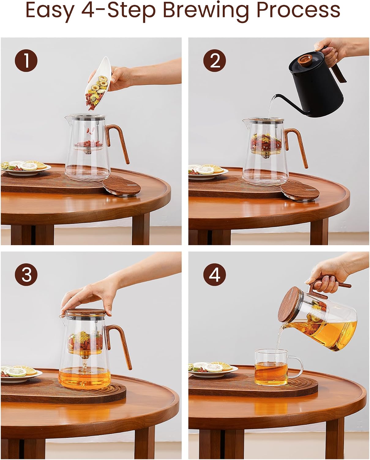 ZENS Magnetic Glass Infuser Teapot for Loose Tea, 27oz Walnut Wood Handle | Magic Teapot with Infuser, Echanted Tea Maker, Mess-Free Loose Leaf Tea Diffusers for Tea lover Gifts