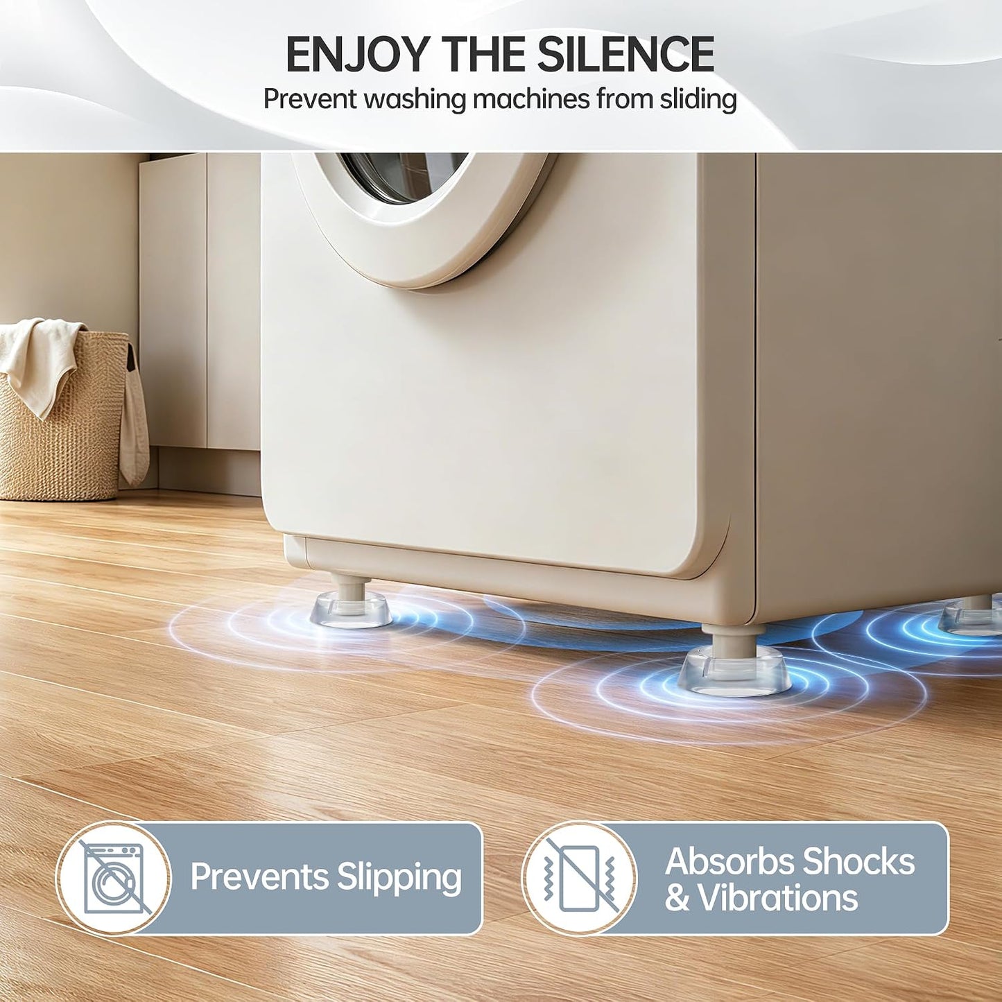 Anti Vibration Pads for Washing Machine, 4Pcs | Clear silicone pads absorb shock, reduce noise, and stop washer movement. Fits dryers, pedestals, and furniture.