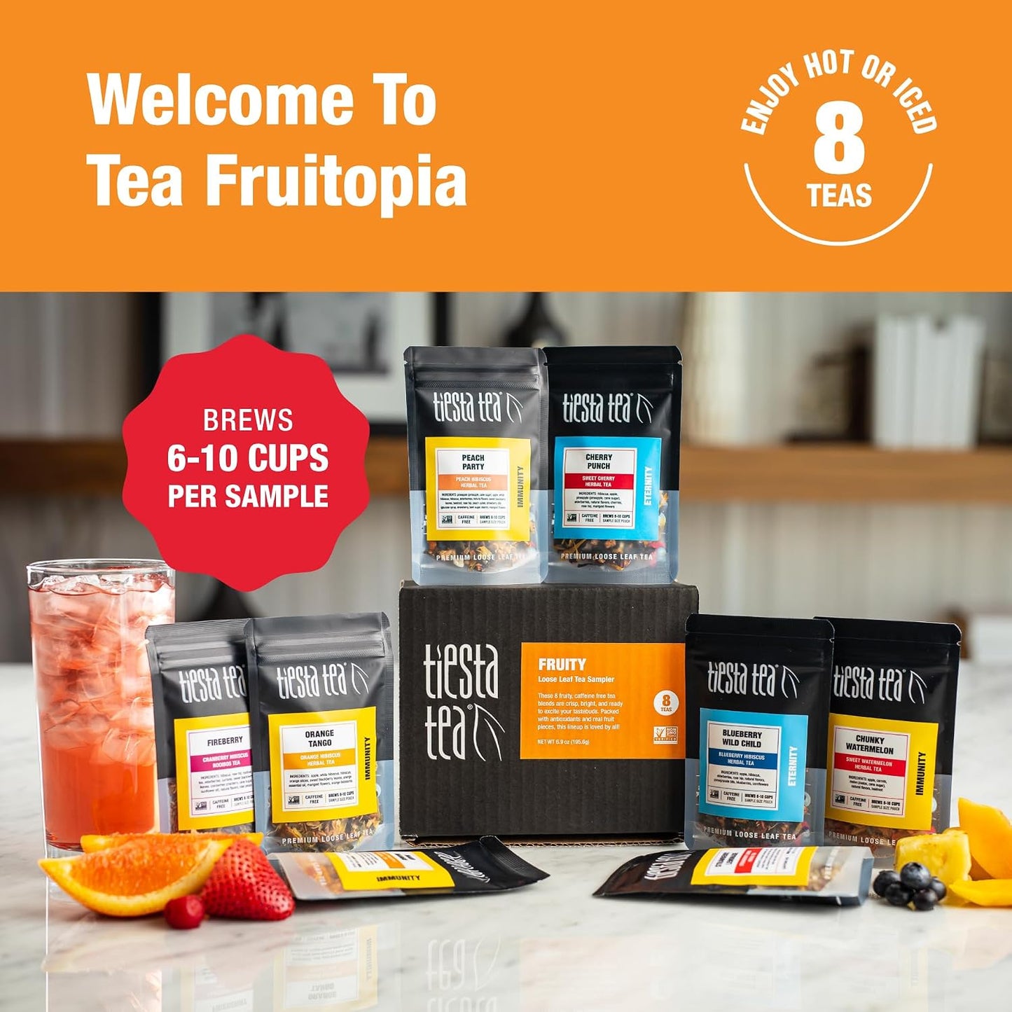 Tiesta Tea - Top 8 Favorites Sampler Set, Loose Leaf, Up to 80 Cups | High to No Caffeine, Hot & Iced, Tea Variety Pack with Green, Herbal, & Black, 8 Sample Pouches