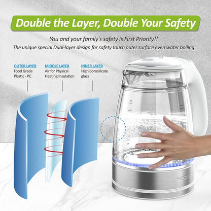 NISVITU 1.7L Dual Wall Cool Touch BPA-Free Electric Kettle, White | Glass Inner+PC Outer, 1500W Fast Boil Cordless Hot Water Boiler Electric Tea Kettle, Auto Shut-Off+Keep Warm