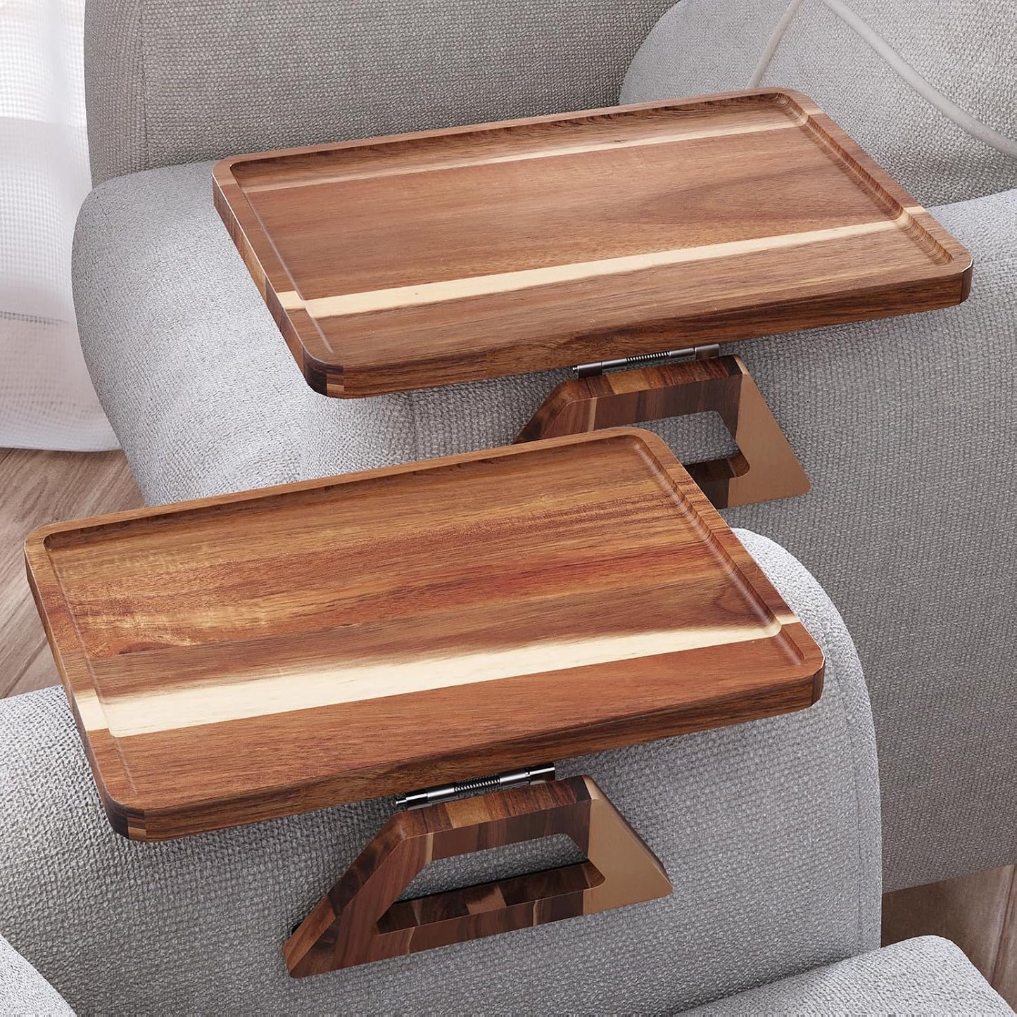 2 Packs Acacia Wood Couch Arm Tray，Folding Sofa Armrest Table | Clip-On Couch Desk,Foldable, Non-slip,No Assembly，for Drinks Snacks Phone，Remote Control