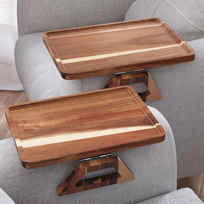 2 Packs Acacia Wood Couch Arm Tray，Folding Sofa Armrest Table | Clip-On Couch Desk,Foldable, Non-slip,No Assembly，for Drinks Snacks Phone，Remote Control