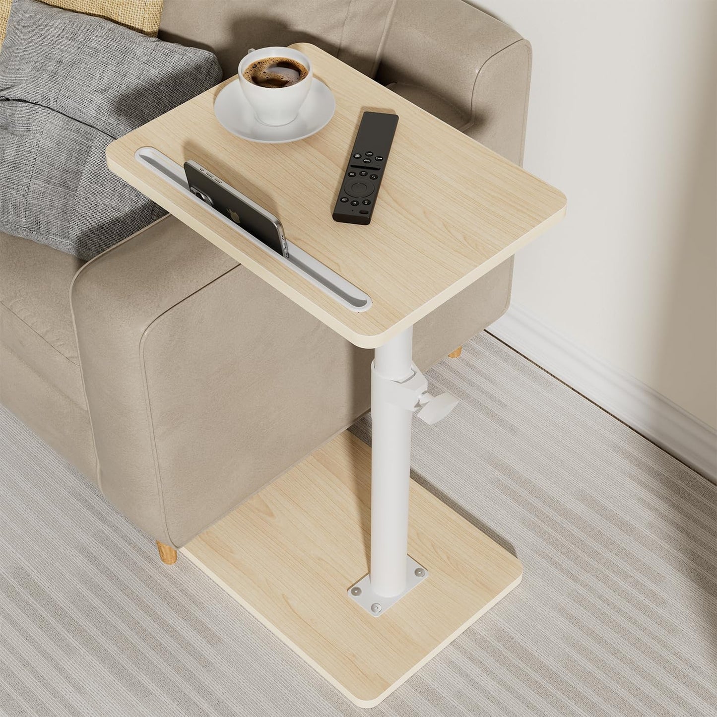 YUHFERA Sofa Armrest Tray Table for Couch - 360° Swivel Height Adjustable End for Small Spaces, Snack Side Table for Bed or Chair with Phone & Tablet Slot (Rustic,Standard)