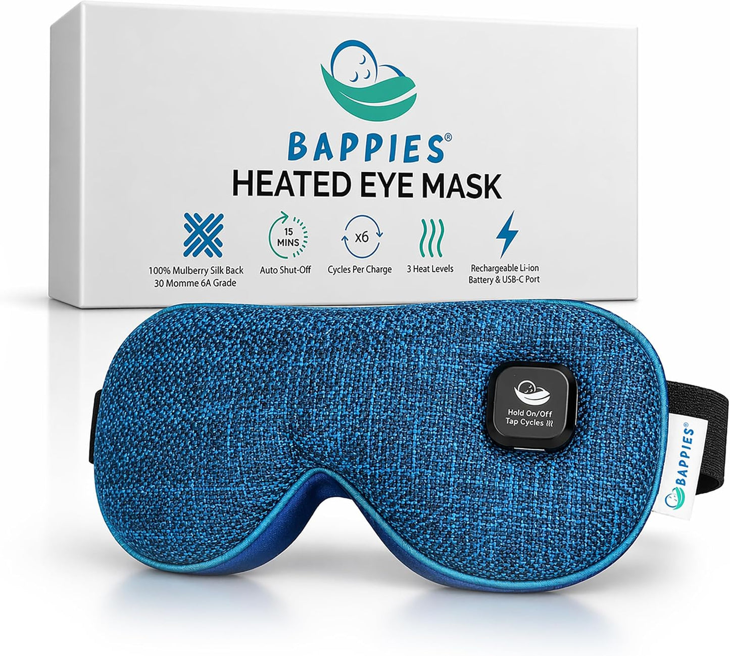 Heated Eye Mask, 30 Momme 6A Grade Mulberry Silk, Royal Blue, 3 Heat Levels, USB-C Rechargeable, 15 Min Auto-Off, 1 Year Warranty