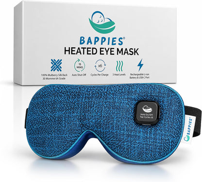 Heated Eye Mask, 30 Momme 6A Grade Mulberry Silk, Royal Blue, 3 Heat Levels, USB-C Rechargeable, 15 Min Auto-Off, 1 Year Warranty