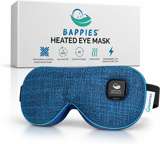 Heated Eye Mask, 30 Momme 6A Grade Mulberry Silk, Royal Blue, 3 Heat Levels, USB-C Rechargeable, 15 Min Auto-Off, 1 Year Warranty