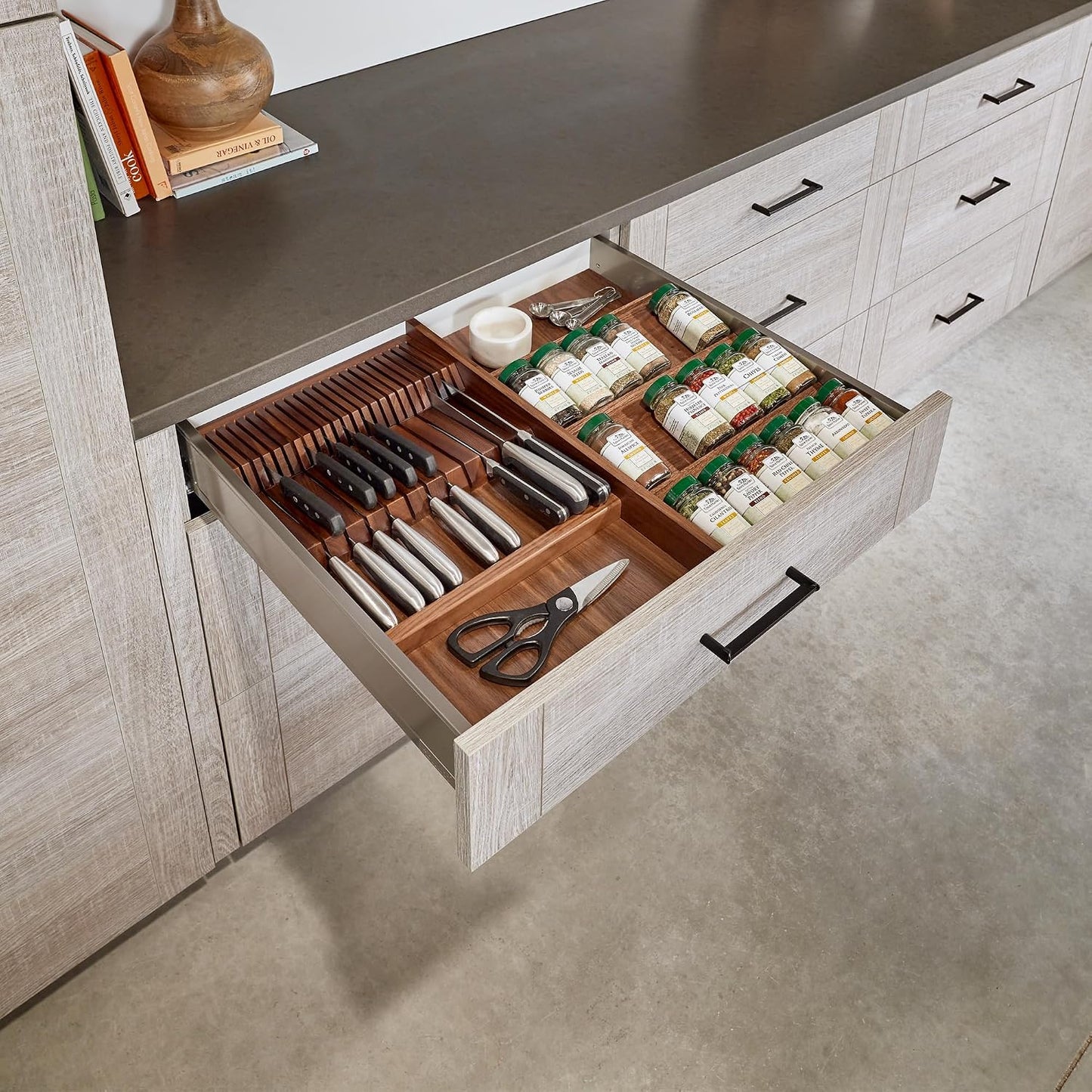 Rev-A-Shelf Trim-to-Fit Knife Block Drawer Insert Organizer with Separate Compartment for Kitchen Utensils, 55 Slot Storage Tray, Walnut, 4WDKB-WN-1