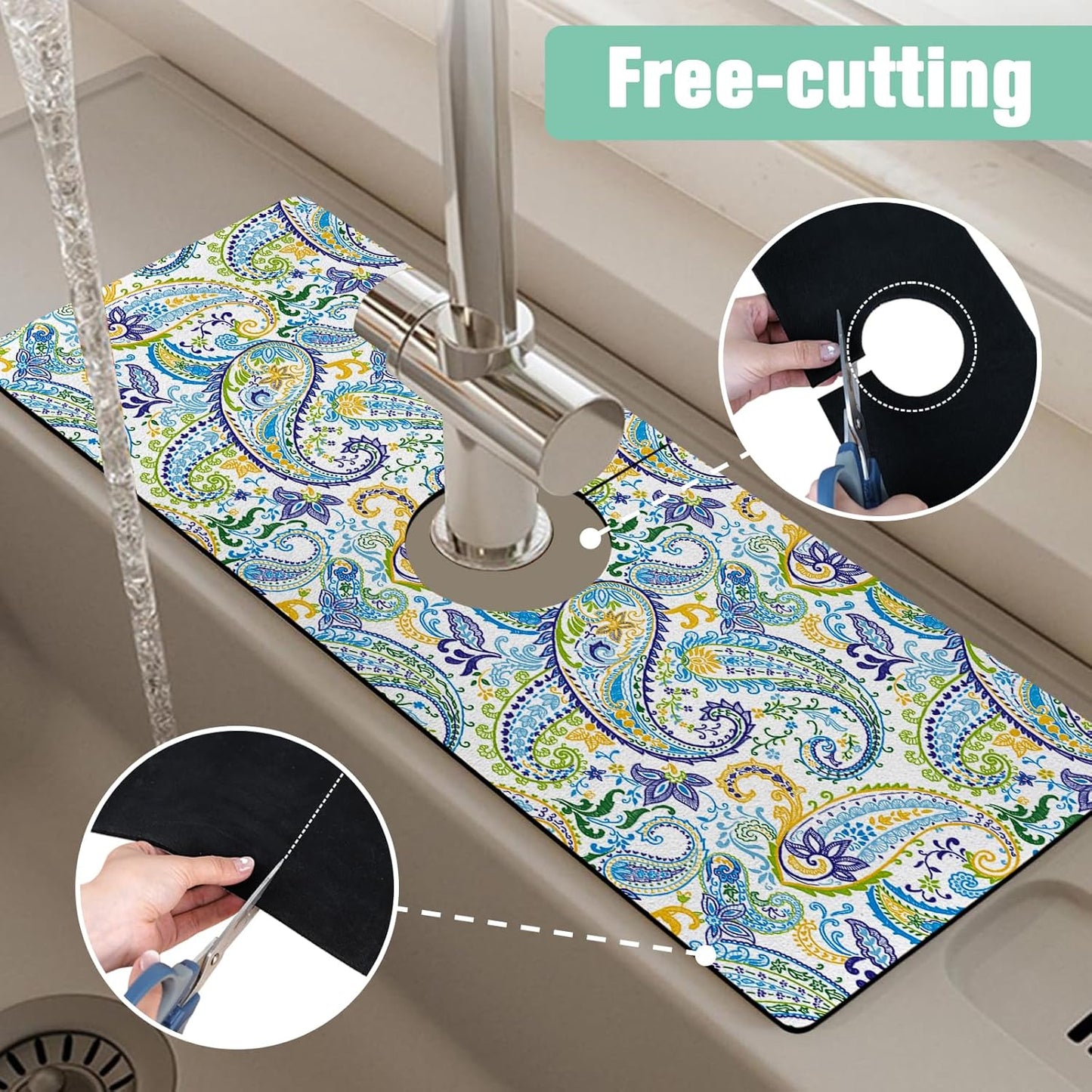 Kitchen Sink Splash Guard Faucet Mat 24" X 5.5" Tropical Leavesl Absorbent Fast Drying Mat Faucet Draining Mat Sink Splash Guard Behind Faucet Drip Catcher for Kitchen Bathroom