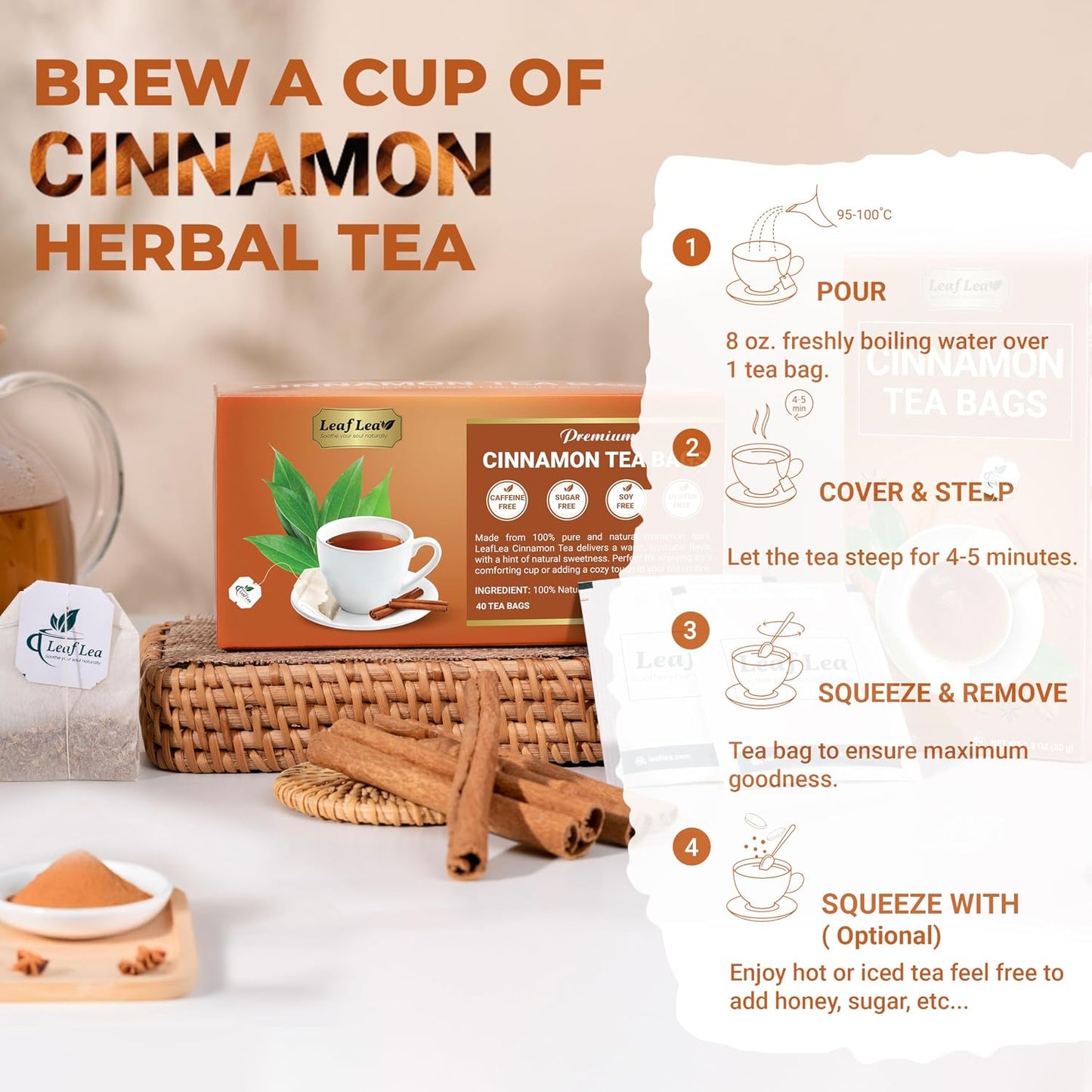 LeafLea 40 Turmeric Ginger Cinnamon Tea Bags, 100% Natural Ingredients Herbal Tea, Turmeric Ginger Herbal Blend for Wellness, Vegan, No Sugar, Caffeine-Free, Individually Wrapped for Freshness
