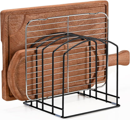 Cutting Board Organizer, Matte Black | Heavy Duty Rack, 2 Extra Wide (1.38") & 3 Narrow (0.78") Slots