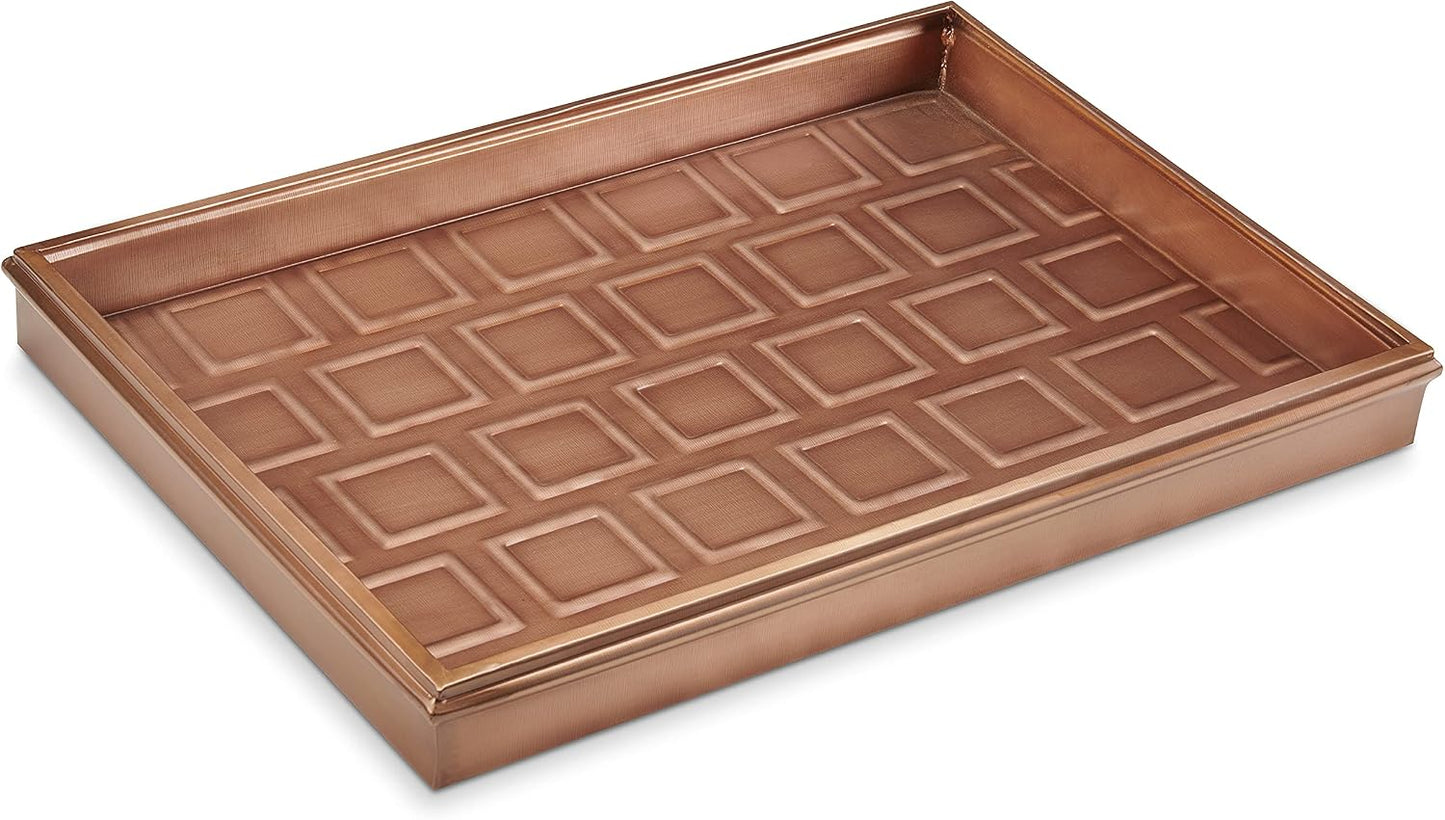Good Directions 20″ x 14″ Decorative Squares Design Metal Boot Tray – Galvanized Steel with Copper Finish, Multi-Purpose Shoe, Plant & Pet Bowl Tray