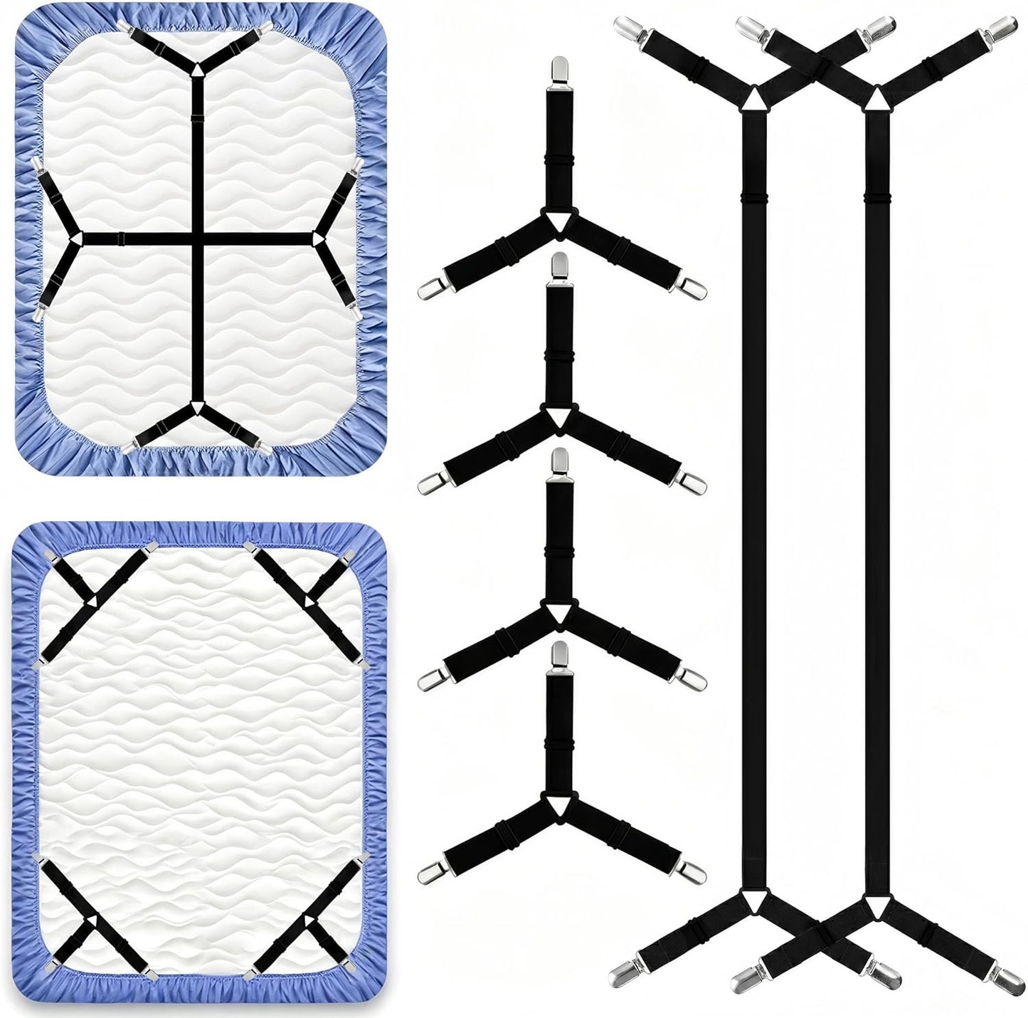 2 Pack Bed Sheet Straps Adjustable Criss - Cross Sheet Holders for Corners Heavy Duty Bed Sheet Clips Fasteners Keep Sheets in Place on Mattress Black