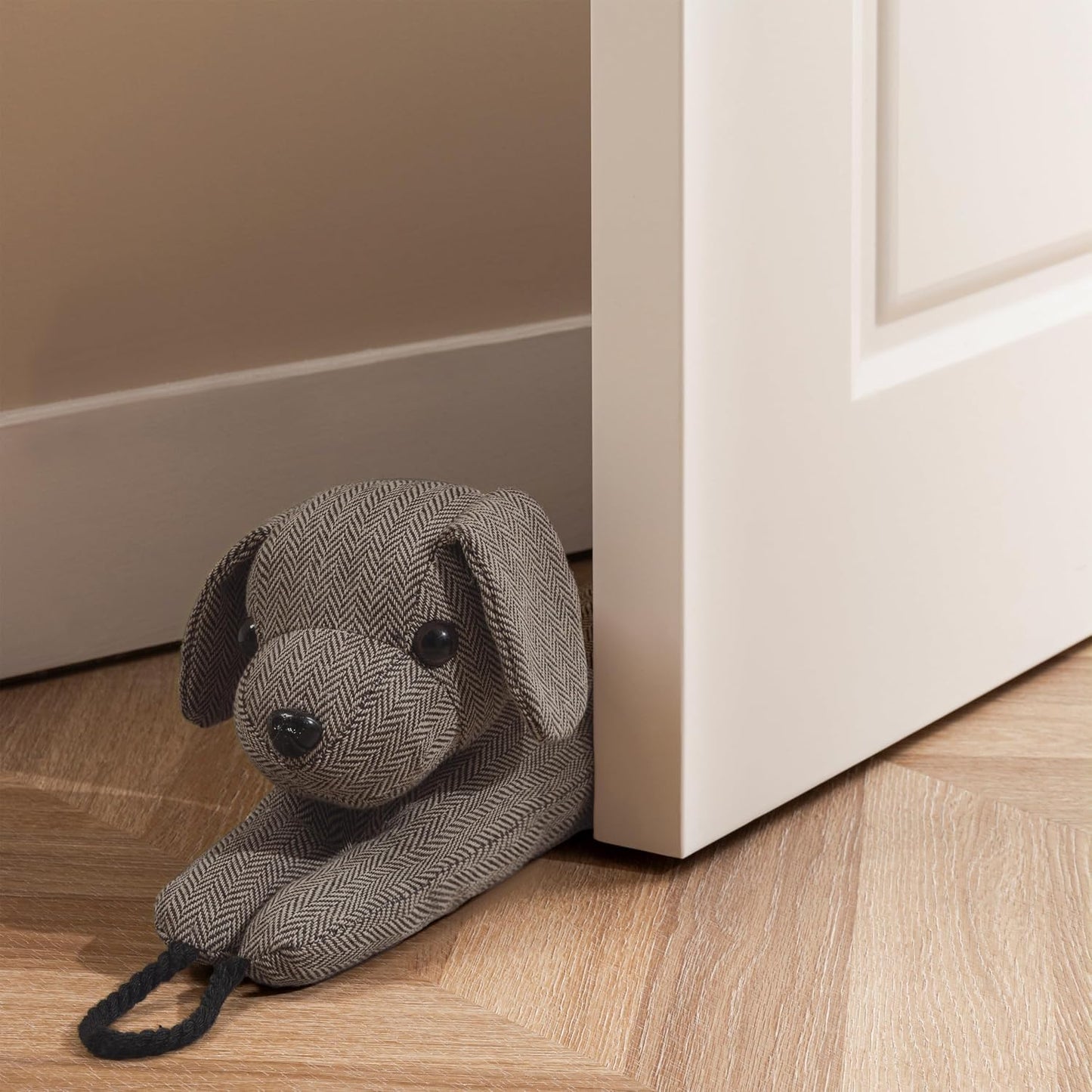 habibee Door Draft Stopper, Weighted Noise Blocker 38 in Coffee Dog | Robust Herringbone Fabric, Weighted Sandbags, Bouncy Cotton Filling, Blocks Light & Dust, Tool-free Setup, Animal Home Decor