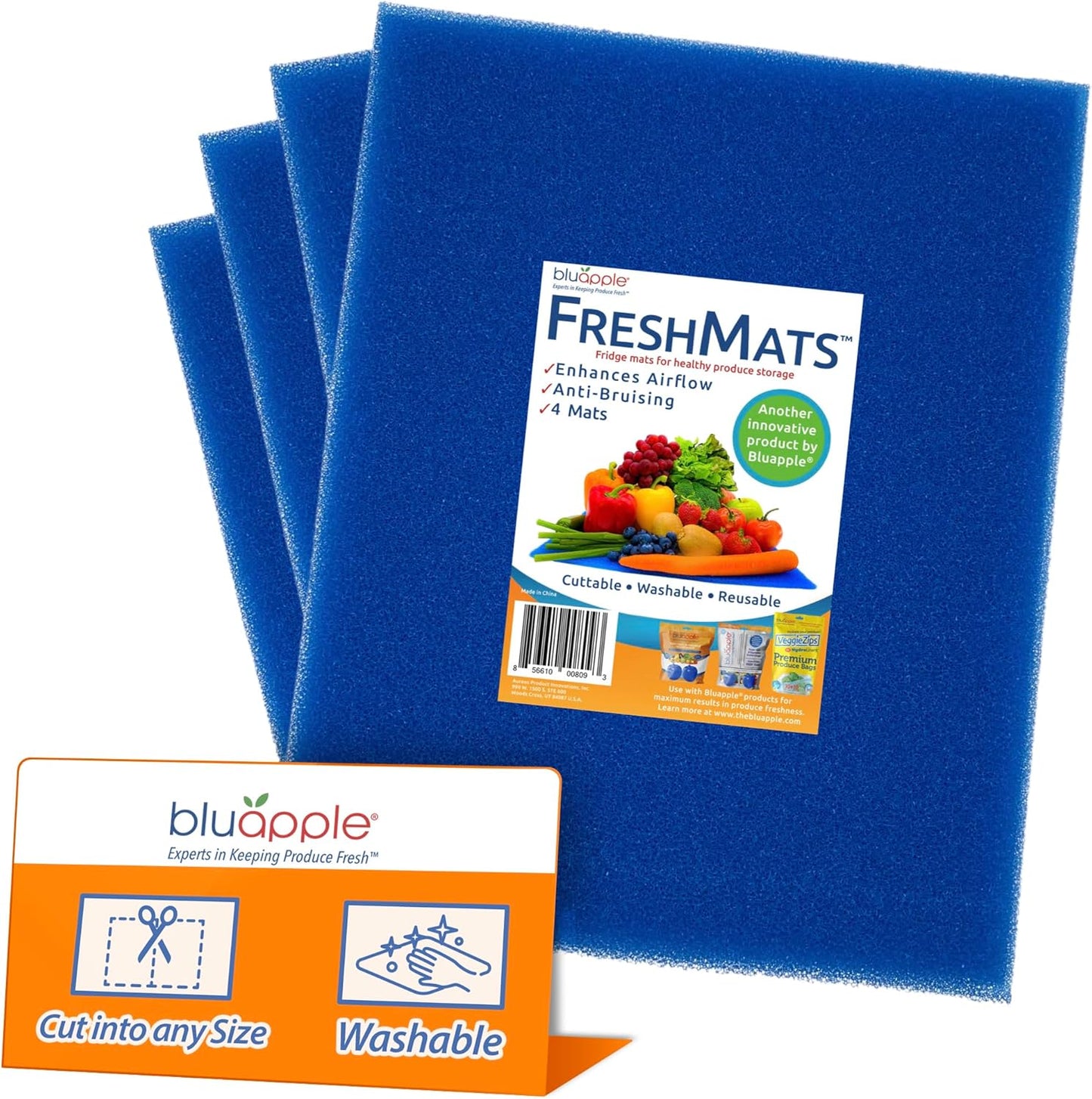Bluapple FreshMats - Refrigerator Bin Liners, Fridge Drawer Mats - Keeps Produce Fresh Longer, Prevents Bruising, Promotes Air Circulation - BPA-Free Polyurethane Foam - (4-Piece Set, 12"x15", Green)