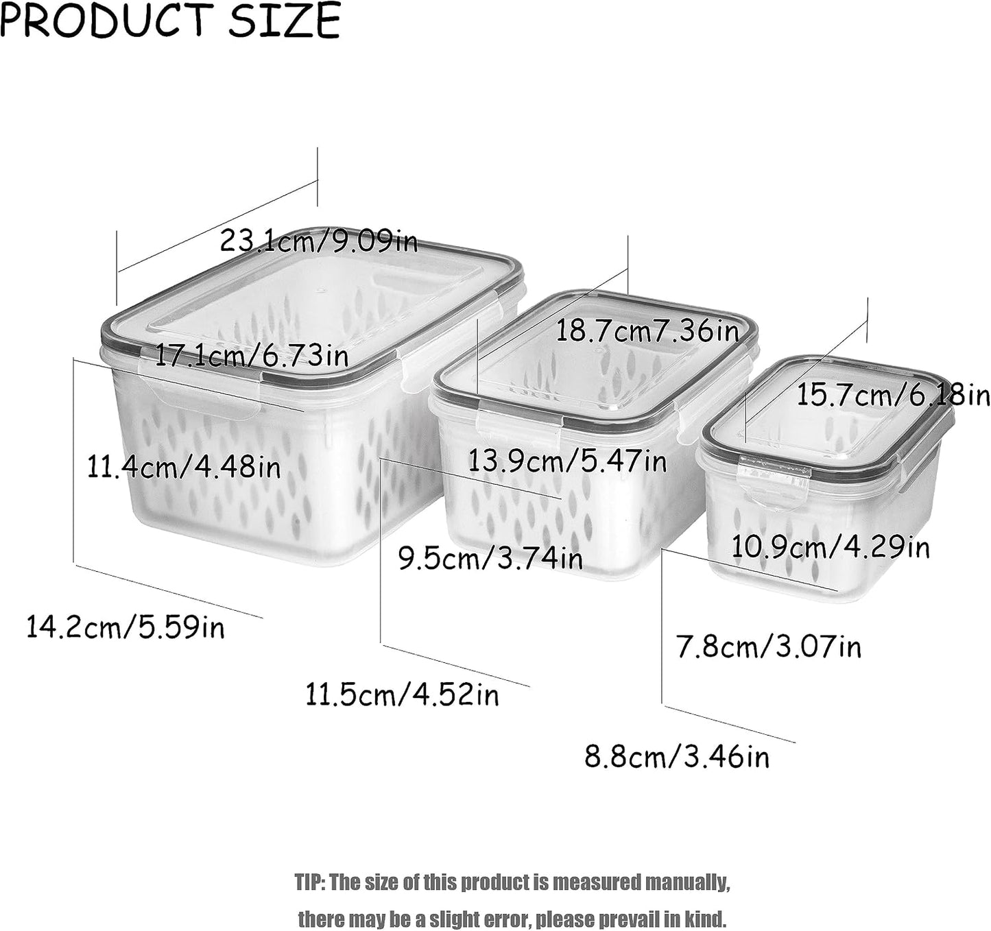 Fruit and Vegetable Storage Containers for Fridge, 6 Pcs/3 Sets Keep Fresh Produce Saver Containers Keeper, Food Storage Containers with Removable Colander (grey)