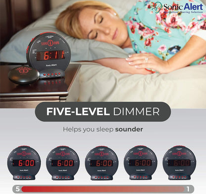 Sonic Alert Sonic Bomb Dual Alarm Clock with Bed Shaker, Black Vibrating Alarm Clock Heavy Sleepers, Battery Backup | Wake with a Shake