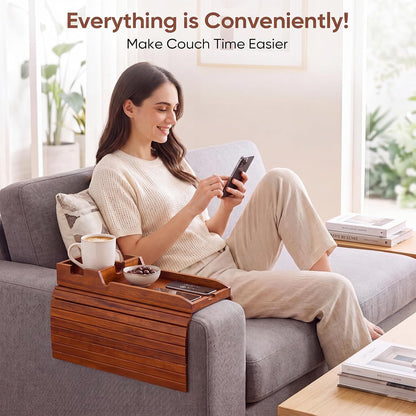 Bamboo Couch Arm Tray Table with Built-in Cup Holder, Foldable Anti-Slip Sofa Armrest Table for Drinks, Phone & Remote, Fits 4.7–16.9 in Armrests, Holds Cups up to 3.5 in Diameter (Bamboo)