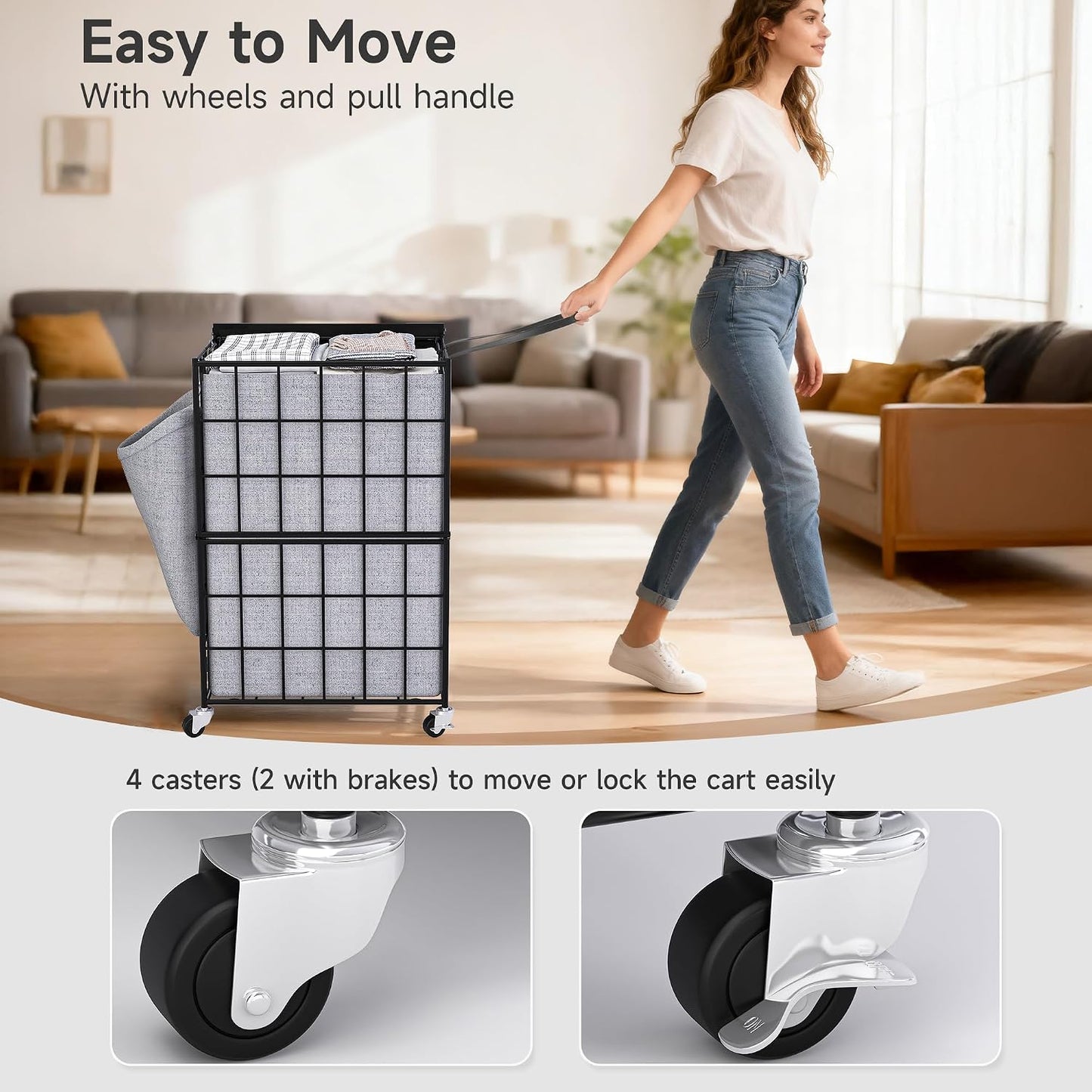 90L Laundry Basket with Wheels, Large Capacity Laundry Hamper with Removable Liner Bags, Heavy Duty Laundry Sorter with Solid Wood Lid & Leather Handles, Grey