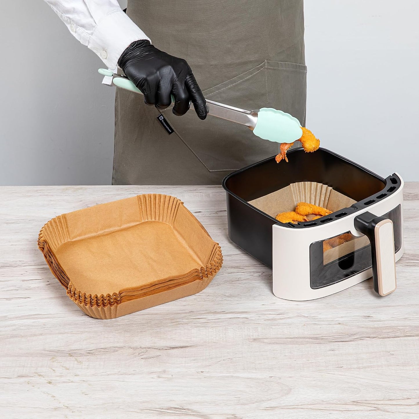 Restaurantware-Pastry Tek 8.1 x 5.5 x 1.8 Inch Air Fryer Liners, 100 Rectangle Air Fryer Baskets - No-Stick Silicone Coating, Unbleached, Food-Grade Paper Liners, For Steamer, Microwave, Oven