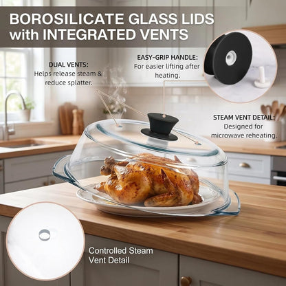9.5 Inch Borosilicate Glass Microwave Splatter Cover with Silicone Mat | Clear microwave cover for food with dual vents keeps meals visible while helping reduce splatter and steady plates