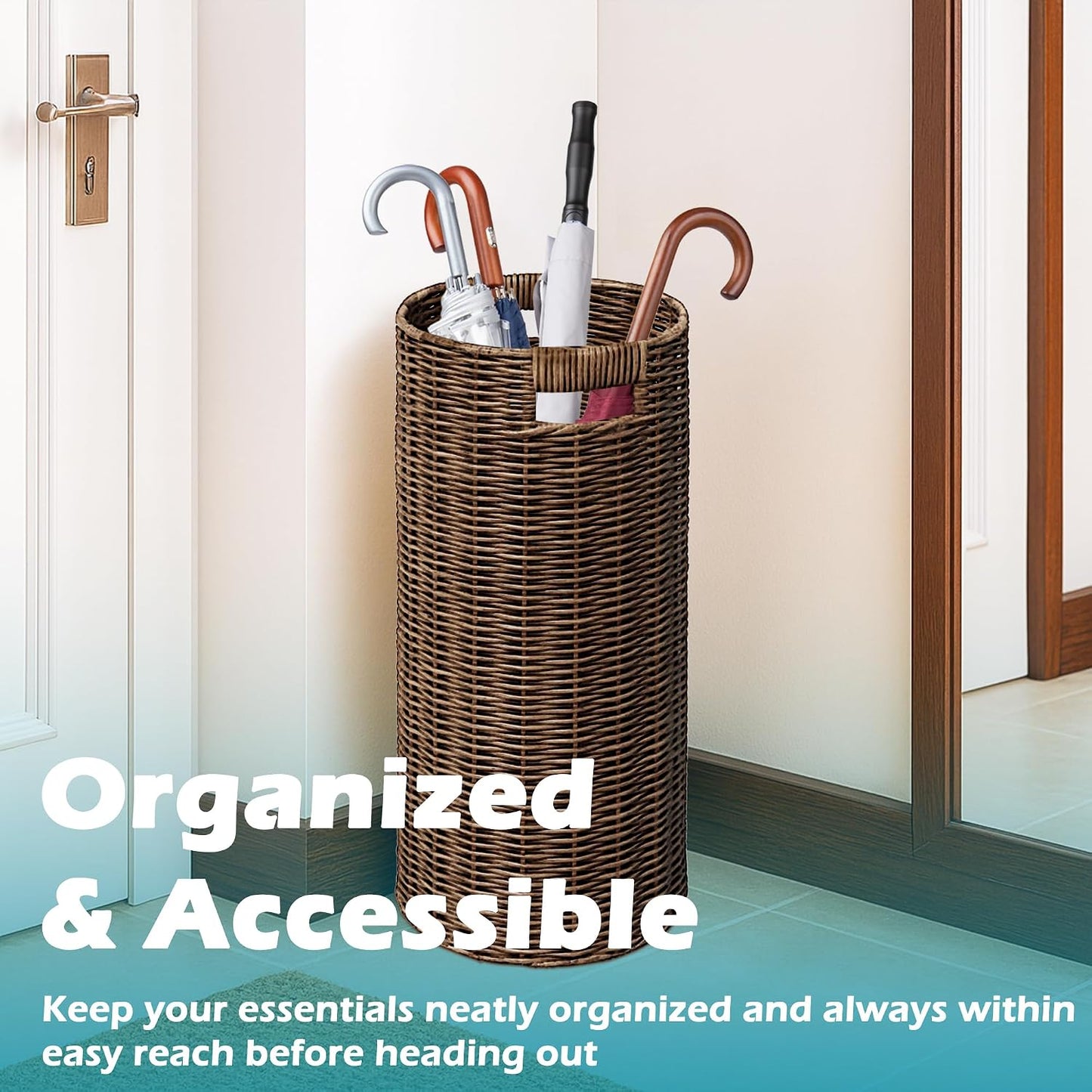 Rattan Umbrella Holder 21"H X 10"D, Handmade Wicker Umbrella Stand Indoor with Dip Tray, Sturdy Umbrella Holders for Entryway, Umbrella Bucket Fits Mudroom,Walking Canes,Home,Office (Brown)
