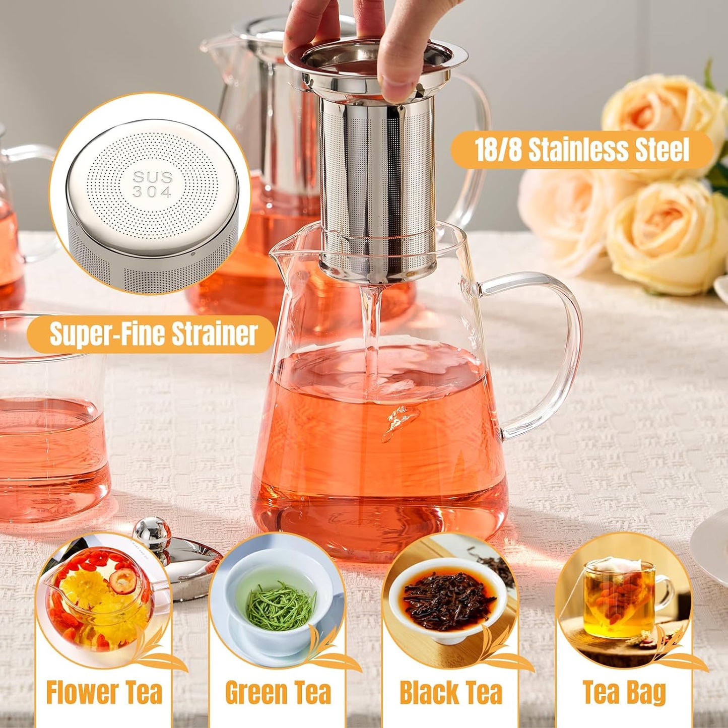 Baalaka Glass Teapot 18.6oz/550ml, Tea Pot with Removable Infusers for Loose Tea, Borosilicate Glass Tea Kettle Tea Maker Stovetop for Camping, Tea Infuser for Loose Leaf Tea Travel | Borosilicate glass tea kettle with infuser; steel strainer for loose
