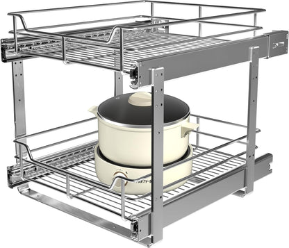 2-Tier Cabinet Pull Out Shelves, 14" W x 22" D, Chrome | Heavy-Gauge Wire Kitchen Cabinet Organizer, 100 lbs Capacity, Ball-Bearing Glides, Min 15" Opening, For Tupperware & Bowls
