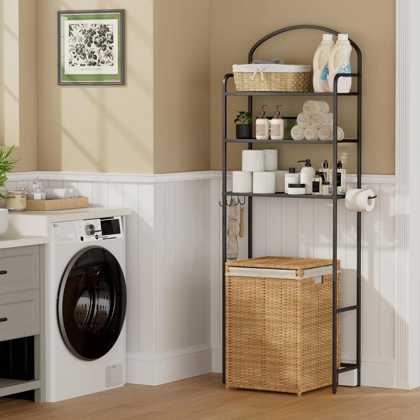 3 Tier Over The Toilet Storage Rack, Bathroom Organizer | Toilet Storage with 4 Hooks & Paper Holder, Space-Saving, Freestanding Bathroom Shelf, Metal, White