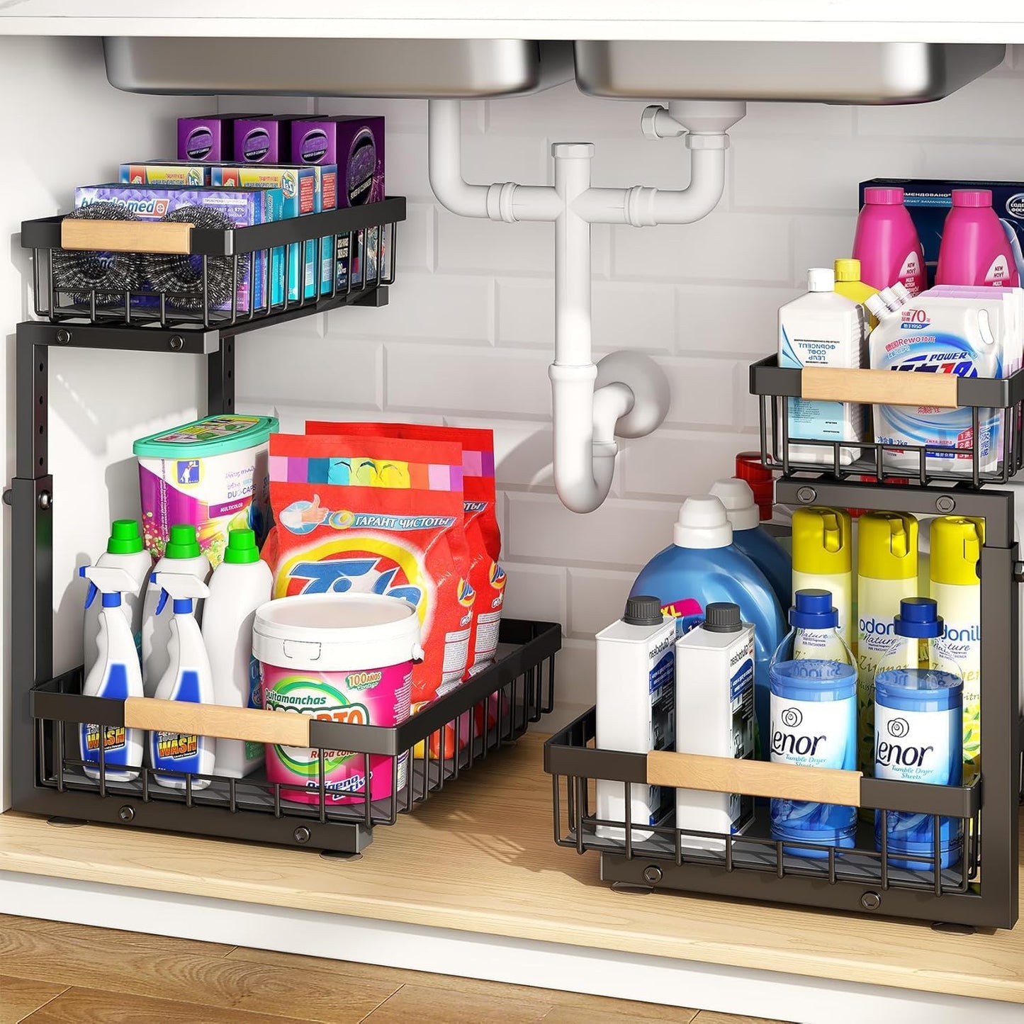 PXRACK Under Sink Organizer, Adjustable Height, 2 Tier Pull Out Under Cabinet Organizer, Slide Out Thickened Metal Under Sink Storage for Kitchen Bathroom Laundry Pantry Cabinet, White, Large-2-Pack