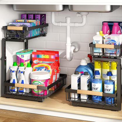 PXRACK Under Sink Organizer, Adjustable Height, 2 Tier Pull Out Under Cabinet Organizer, Slide Out Thickened Metal Under Sink Storage for Kitchen Bathroom Laundry Pantry Cabinet, White, Large-2-Pack