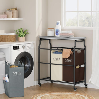 Hoctieon 3 Section Laundry Sorter with Iorning Board, Laundry Hamper, Black | Lockable Wheels, Laundry Basket Organizer with Wheels, Heavy Duty Clothes Organizer, Large Clothes Separator, Removable Bags