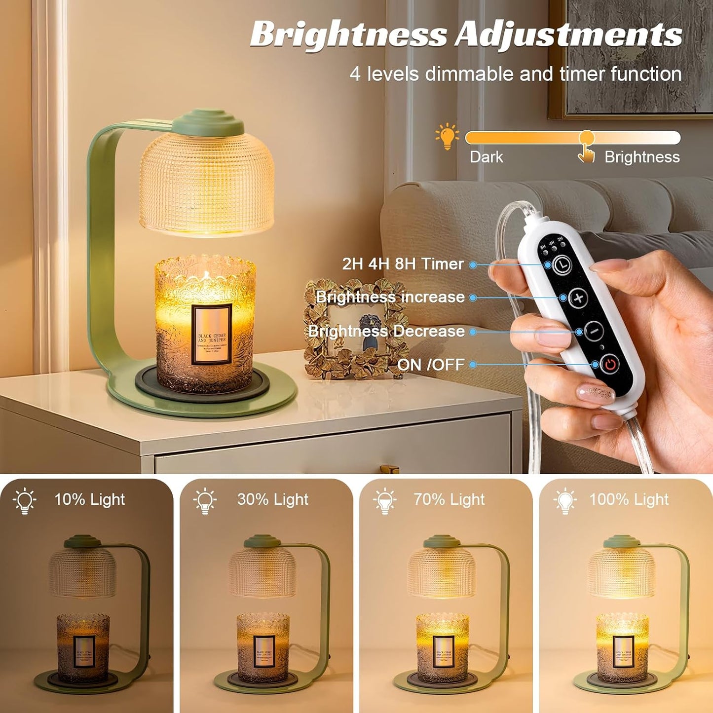 Candle Warmer Lamp with Clear Glass Globe and Timer & Dimmable Light - Jar Candle Melter Green Minimalist Metal Frame, Home Decor Gift Set (Includes 2 Bulbs)