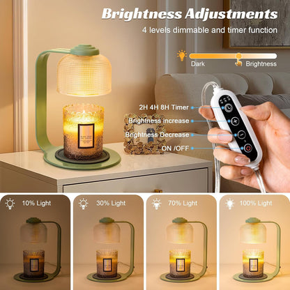 Candle Warmer Lamp with Clear Glass Globe and Timer & Dimmable Light - Jar Candle Melter Green Minimalist Metal Frame, Home Decor Gift Set (Includes 2 Bulbs)