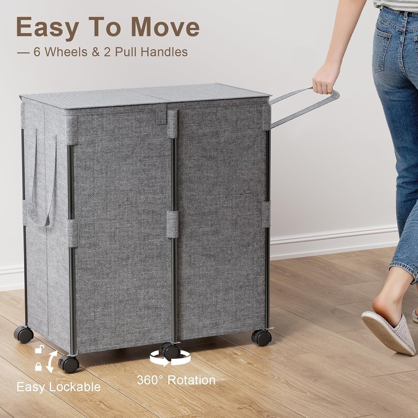 140L Double Laundry Hamper with Lid and 6 Wheels, Rolling Laundry Basket | Gasvadivum Metal Frame Laundry Sorter 2 Section with 2 Removable Bags, Large Clothes Cart for Bedroom, Bathroom, Black
