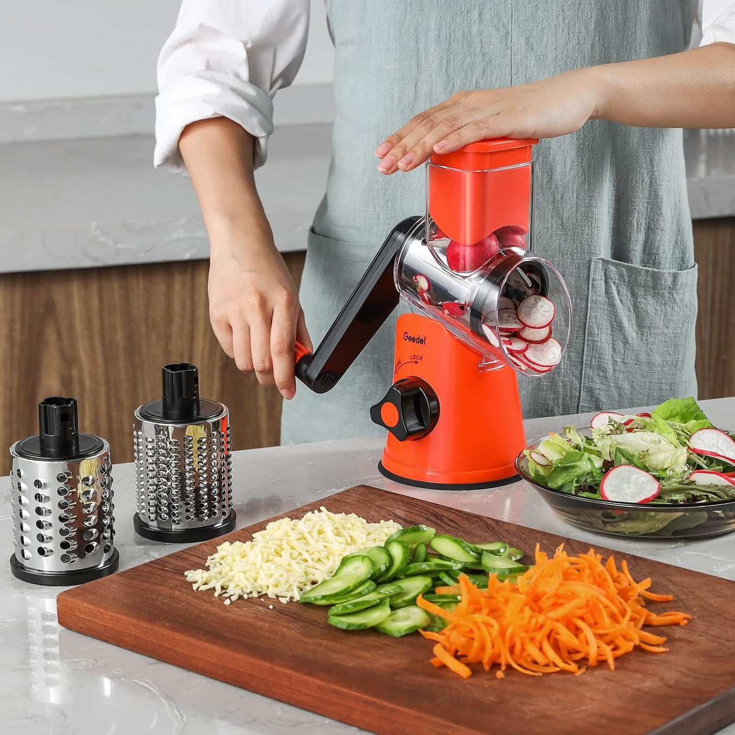 Geedel Rotary Cheese Grater, Kitchen Mandoline Vegetable Slicer with 3 Interchangeable Blades, Easy to Clean Rotary Grater Slicer for Fruit, Vegetables, Nuts | 3 Blades, 430 Stainless Steel, 12x Fast Cutting, Strong Suction Base, No BPA, Dishwasher Safe,