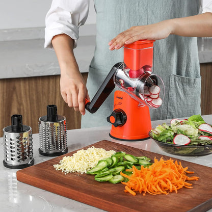 Geedel Rotary Cheese Grater, Kitchen Mandoline Vegetable Slicer with 3 Interchangeable Blades, Easy to Clean Rotary Grater Slicer for Fruit, Vegetables, Nuts | 3 Blades, 430 Stainless Steel, 12x Fast Cutting, Strong Suction Base, No BPA, Dishwasher Safe,