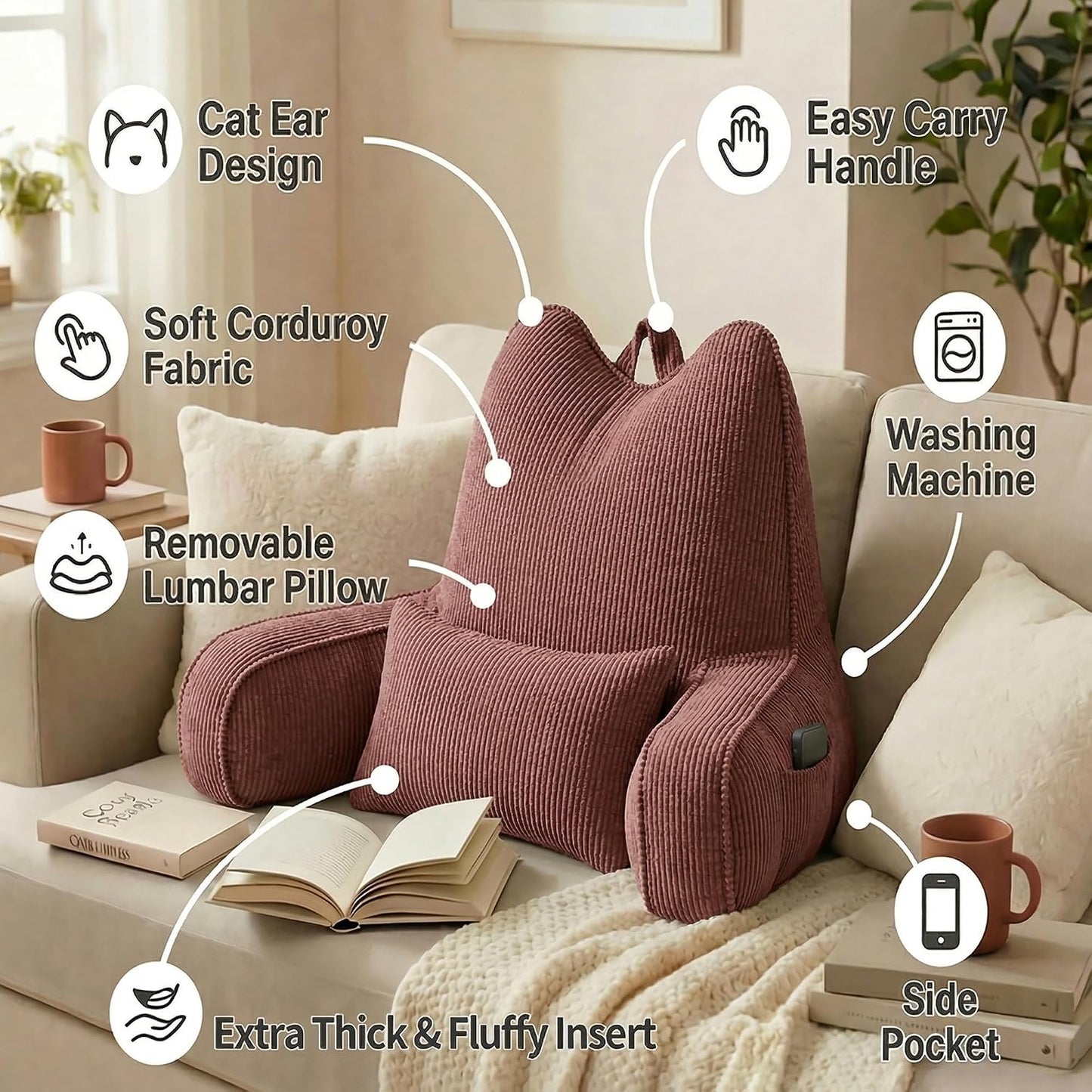 Patented Design Reading Pillow with Arms for Sitting Up, 2-in-1 Bed Rest Pillow with Detachable Lumbar Support, Backrest Support Cushion for Couch with Side Pockets & Handle, Beige Gray